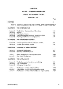 Issue 2.1: Dec 02
v
CONTENTS
VOLUME 1  COMBINED OPERATIONS
PART 2  BATTLEGROUP TACTICS
CONTENTS LIST
Page
PREFACE
iii
PART A