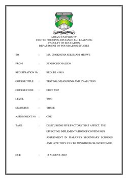 MZUZU UNIVERSITY 
CENTRE FOR OPEN, DISTANCE & e- LEARNING 
FACULTY OF EDUCATION 
DEPARTMENT OF FOUNDATION STUDIES 
 
TO