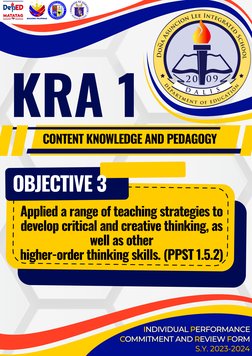 KRA 1
CONTENT KNOWLEDGE AND PEDAGOGY
INDIVIDUAL PERFORMANCE 
COMMITMENT AND REVIEW FORM 
S.Y. 2023-2024
INDIVIDUAL PERFORMANC