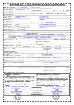 Dangerous Goods Transport Document & Container Packing Certificate 
 
 
 
 
OOCL Booking Number : 
OOLU2729269550 
Exporters