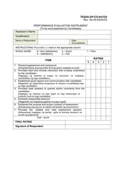 TESDA Performance Evaluation Instrument | PDF