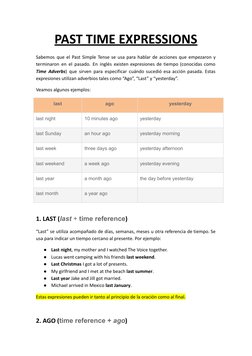 PAST TIME EXPRESSIONS
Sabemos que el Past Simple Tense se usa para hablar de acciones que empezaron y
terminaron en el pasado