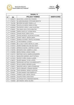 TERCERO  "A"
N°
DNI
APELLIDOS Y NOMBRES
OBSERVACIONES
1
62366276
ALEJO NOA, LUCERO DEL ROSARIO
2
61928722
ALVAREZ BEJARANO, S