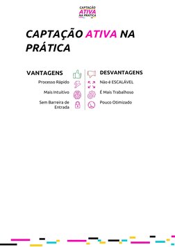 CAPTAÇÃO ATIVA NA 
PRÁTICA 
 
VANTAGENS 
 
 
DESVANTAGENS 
Processo Rápido 
 
 
Não é ESCALÁVEL 
Mais Intuitivo 
 
 
É Ma