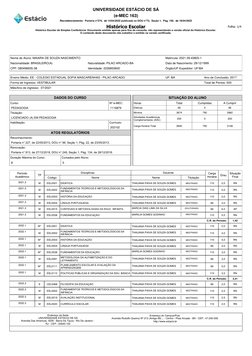 Histórico Escolar
UNIVERSIDADE ESTÁCIO DE SÁ
Recredenciamento:  Portaria n°274,  de 14/04/2022 publicada no DOU n°73,  Seção