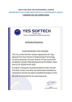 ARYA COLLEGE OF ENGINEERING, JAIPUR  
DEPARTMENT OF COMPUTER SCIENCE & ENGINEERING/AIDS/IT  
CERTIFICATE OF COMPLETION