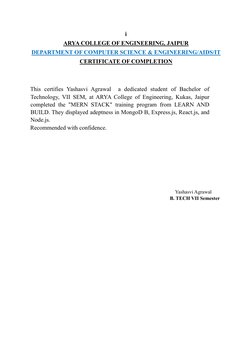 i  
ARYA COLLEGE OF ENGINEERING, JAIPUR  
DEPARTMENT OF COMPUTER SCIENCE & ENGINEERING/AIDS/IT 
CERTIFICATE OF COMPLETION