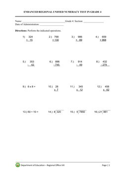 Grade 4 Enhanced Numeracy Test | PDF | Business | Teaching Methods ...