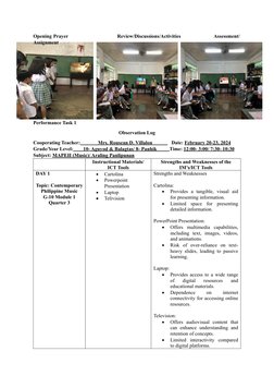 Opening Prayer                               Review/Discussions/Activities                     Assessment/
Assignment
Perform