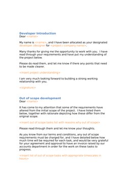 Developer Introduction
Dear <name>
My name is <name>, and I have been allocated as your designated 
developer /designer for <