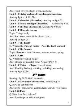 6 
 
Ans: Food, oxygen, shade, wood, medicine 
Unit # 10 Living and non-living things (discussion) 
Activity Pg #. (18, 19, 2