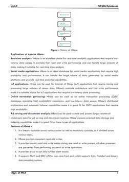 Unit-2
NOSQL Databases
Dept. of MCA
6
Figure – History of HBase
Applications of Apache HBase:
Real-time analytics: HBase is a
