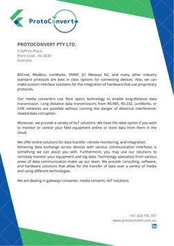 (http://www.linkedin.com/company/protoconverts)BACnet, Modbus, LonWorks, SNMP, JCI Metasys N2, and many other industry
stand