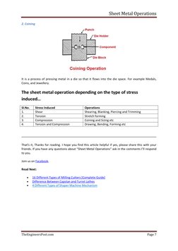 Sheet Metal Operations 
 
TheEngineersPost.com 
Page 7 
 
2. Coining  
 
It is a process of pressing metal in a die so that i