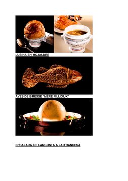  
LUBINA EN HOJALDRE 
 
AVES DE BRESSE "MÈRE FILLIOUX" 
 
 
 
ENSALADA DE LANGOSTA A LA FRANCESA 
