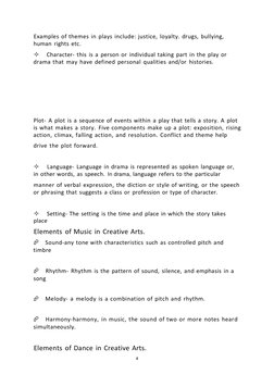 4 
Examples of themes in plays include: justice, loyalty. drugs, bullying, 
human rights etc. 
 Character- this is a person