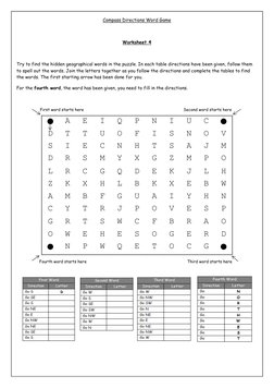 Compass Directions Word Game 
 
Worksheet 4 
 
Try to find the hidden geographical words in the puzzle. In each table directi