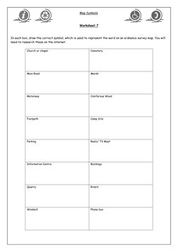 Map Symbols 
 
 
Worksheet 7 
 
In each box, draw the correct symbol, which is used to represent the word on an ordnance surv