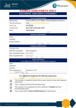 SAMPLE ASSIGNMENT ONLY 
ELECTRONIC ASSIGNMENT COVERSHEET 
 
Course/Unit Information 
Qualification 
Pearson BTEC Level