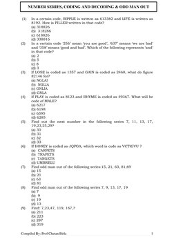 Compiled By: Prof Chetan Birla  
 
1 
 
NUMBER SERIES, CODING AND DECODING & ODD MAN OUT 
 (1) 
In a certain code, RIPPLE i