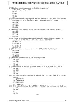 Compiled By: Prof Chetan Birla  
 
6 
 
NUMBER SERIES, CODING AND DECODING & ODD MAN OUT 
(47) Find the missing number in t