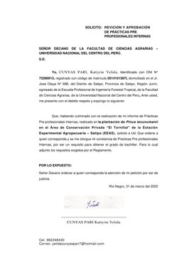 SOLICITO: REVICIÓN Y APROBACIÓN  
DE PRÁCTICAS PRE 
PROFESIONALES INTERNAS 
 
SEÑOR DECANO DE LA FACULTAD DE CIENCIAS AGR