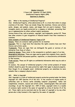 1 
 
Mumbai University 
3 Years LLB- Semester VI (April 2024), 
Intellectual Property Rights (IPR) 
Questions & Answers. 
 
Q
