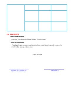 VIII.  RECURSOS 
-Recursos humanos:  
    Alumnos, Docente, Padres de Familia, Profesio