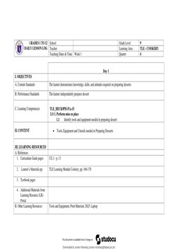 TLE 9 Cookery Week 1 Daily Lesson Log | PDF | Kitchen Utensil | Learning