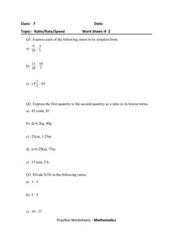 Grade 7 Ratio, Rate, and Speed Worksheets | PDF | Ratio