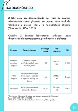 4.2 DIAGNÓSTICO
O DM pode ser diagnosticado por meio de exames
laboratoriais como glicemia em jejum, teste oral de
tolerância