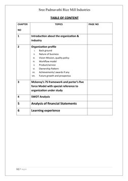 Sree Padmavathi Rice Mill Industries
TABLE OF CONTENT
CHAPTER
NO
TOPICS
PAGE NO
1
Introduction about the organization & 
indu