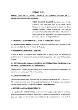 SUMILLA: QUEJA
SEÑOR:  JEFE  DE  LA  OFICINA  DISTRITAL  DE  CONTROL  INTERNO  DE  LA
MAGISTRATURA (ODECMA) AREQUIPA
TANIA  S