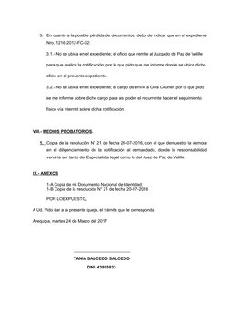 3.
En cuanto a la posible pérdida de documentos; debo de indicar que en el expediente
Nro. 1216-2012-FC-02:
3.1.- No se ubica