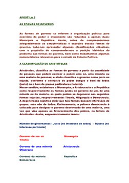 APOSTILA 5
AS FORMAS DE GOVERNO
As  formas  de  governo  se  referem  à  organização  política  para
exercício  do  poder  e
