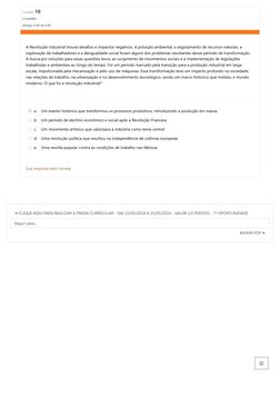 Questão 10
Completo
Atingiu 0,40 de 0,40
A Revolução Industrial trouxe desafios e impactos negativos. A poluição ambiental, o