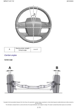A
Steering wheel, straight-
forward angle
0 ±1.5°
Camber angles
Camber angle
3 / 13
Copyright to this documentation belongs t