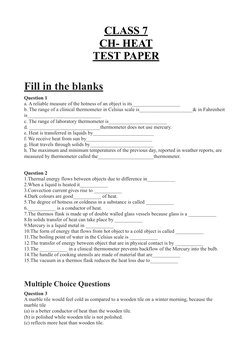 Class 7 Heat Test Paper and Worksheet | PDF | Heat Transfer | Temperature