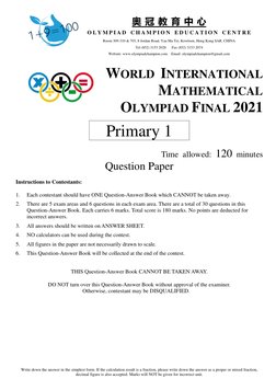 WIMO 2021 Primary 1 Question Paper | PDF | Numbers | Decimal