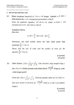 KSSM Additional Mathematics 
 
Prepared by Brian Kiing 
Form 4 Chapter 2: Quadratic Function 
 
 
 
 
 
    brianthekiing@gma