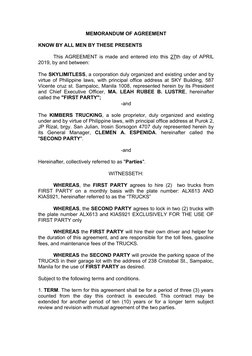 MEMORANDUM OF AGREEMENT
KNOW BY ALL MEN BY THESE PRESENTS
This AGREEMENT is made and entered into this 27th day of APRIL
2019