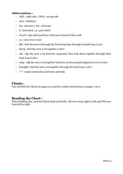 Abbreviations :
–
(RS) : right side / (WS) : wrong side 
–
st(s) : stitch(es)
–
inc : increase / dec : decrease
–
k : knit st