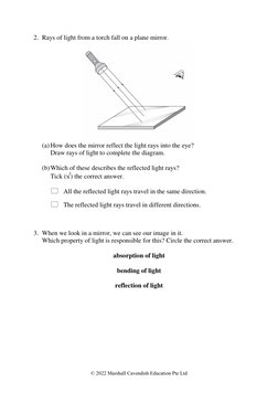 © 2022 Marshall Cavendish Education Pte Ltd 
2. Rays of light from a torch fall on a plane mirror. 
 
(a) How does the mirr