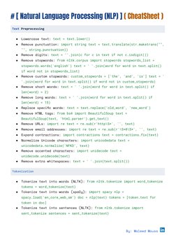 # [ Natural Language Processing (NLP) ] ( CheatSheet )
Text Preprocessing
●
Lowercase text: text = text.lower()
●
Remove punc