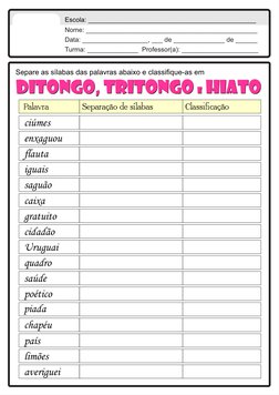 Separe as sílabas das palavras abaixo e classiﬁque-as em
ciúmes
enxaguou
auta
iguais
saguão
caixa
gratuito
cidadão
Uruguai
q