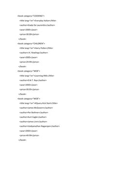 <book category="COOKING">
    <title lang="en">Everyday Italian</title>
    <author>Giada De Laurentiis</author>
    <year>20