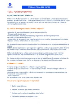 TRABAJO FINAL DEL CURSO 
 
3 
 
 
TEMA: PLAN DE COMPRAS 
PLANTEAMIENTO DEL TRABAJO 
Usted como Auditor operativo va a llevar