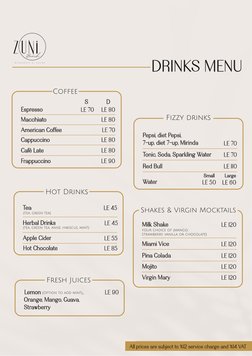 all prices are subject to %12 service and %14 VAT
DRINKS MENU
Espresso
Macchiato
S
D
LE 80
LE 80
American Coffee
LE 70
Cappuc