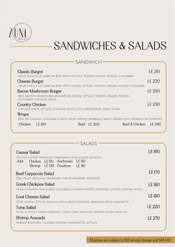 all prices are subject to %12 service and %14 VAT
 Sandwich
Cheese Burger
LE 220
LE 260
your choice of lamb or Beef patty, Ch