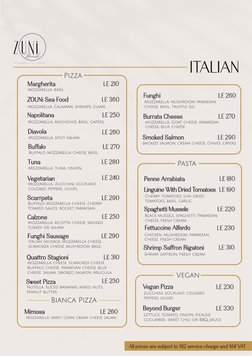 ITALIAN
all prices are subject to %12 service and %14 VAT
Shrimp Saffron Rigatoni 
LE 310
 Shrimp, saffron, fresh cream
Fettu